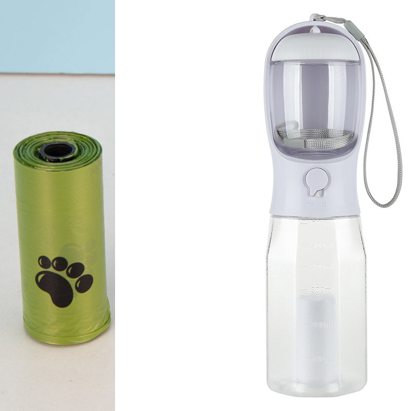 Bouteille d'eau portable 3 en 1 pour chien et chat, distributeur de nourriture, abreuvoir, distributeur de crottes, antifuite