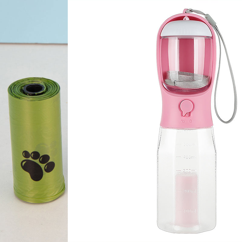 Bouteille d'eau portable 3 en 1 pour chien et chat, distributeur de nourriture, abreuvoir, distributeur de crottes, antifuite