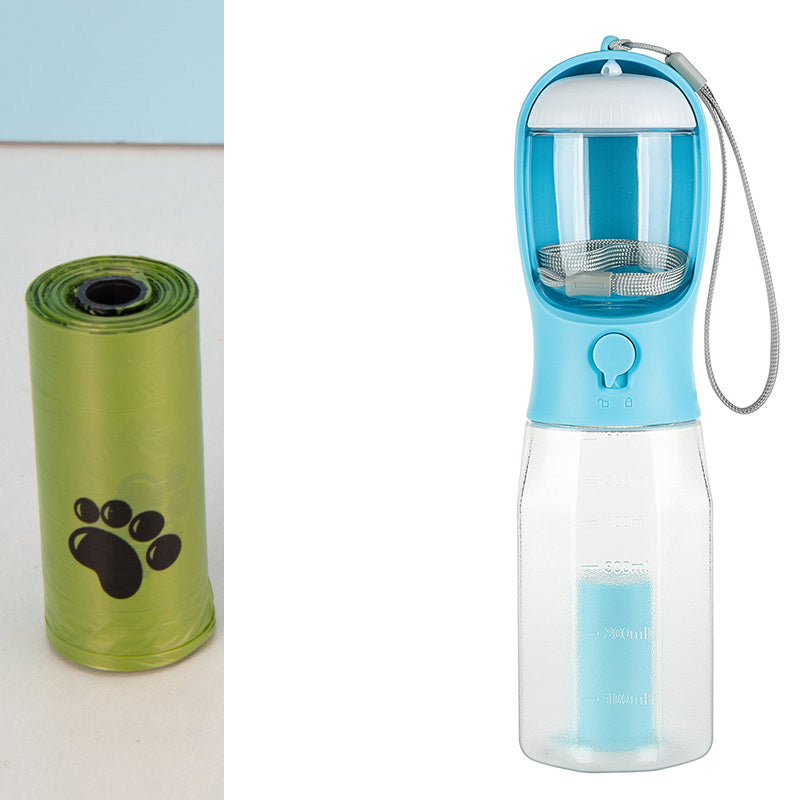 Bouteille d'eau portable 3 en 1 pour chien et chat, distributeur de nourriture, abreuvoir, distributeur de crottes, antifuite
