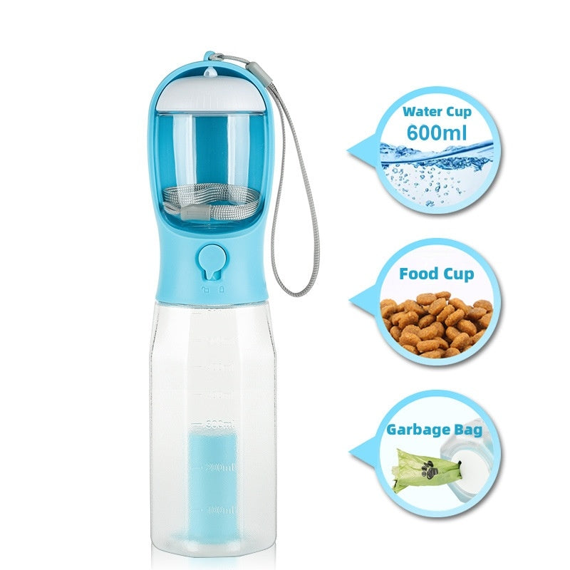 Bouteille d'eau portable 3 en 1 pour chien et chat, distributeur de nourriture, abreuvoir, distributeur de crottes, antifuite