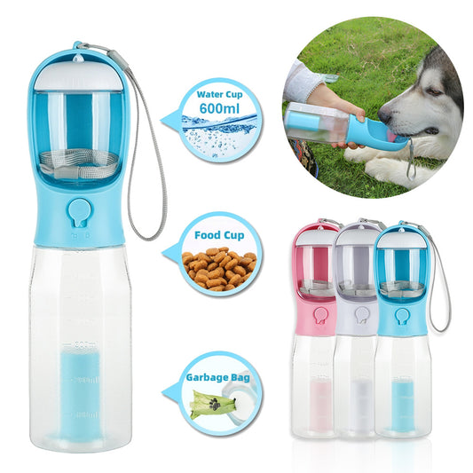 Bouteille d'eau portable 3 en 1 pour chien et chat, distributeur de nourriture, abreuvoir, distributeur de crottes, antifuite